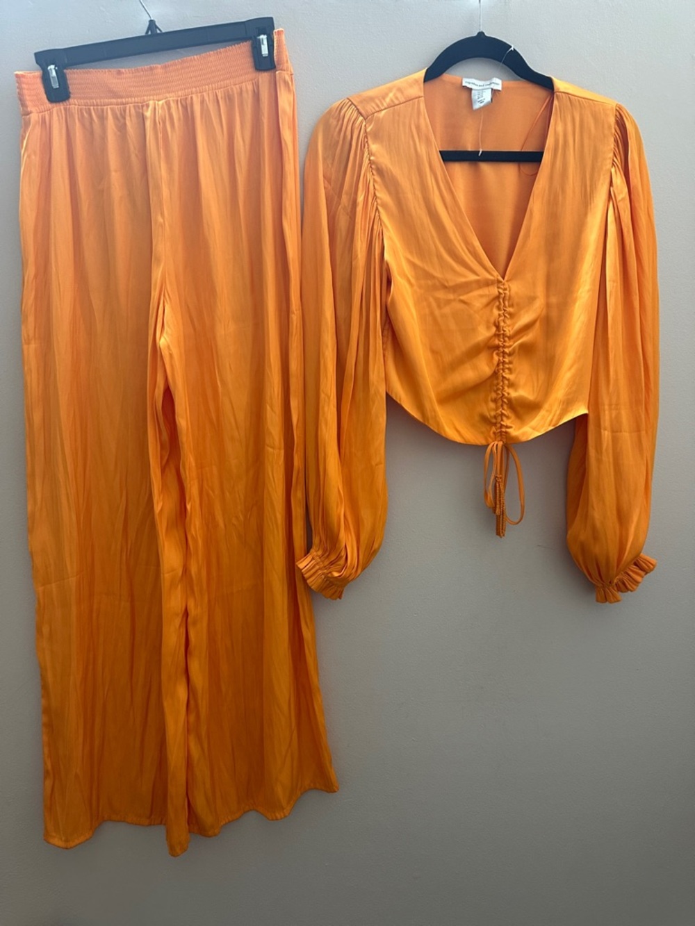 Orange Two-Piece Set - Cropped Drawstring Top & Wide Leg Drawstring Pants